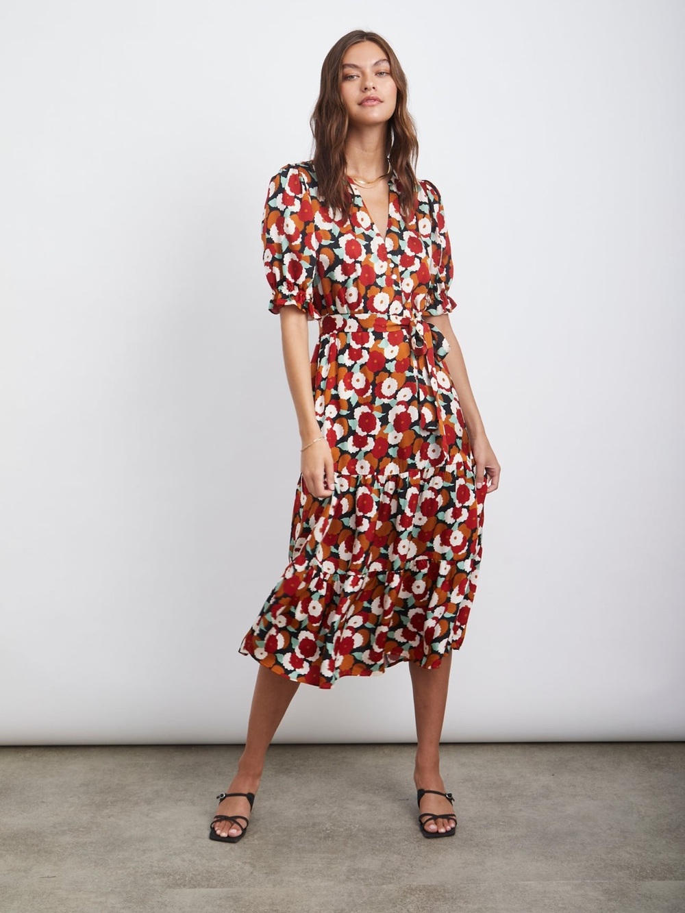 NWOT Rails Eliana Pansy puff sleeve Floral Tiered Dress Rust Multi